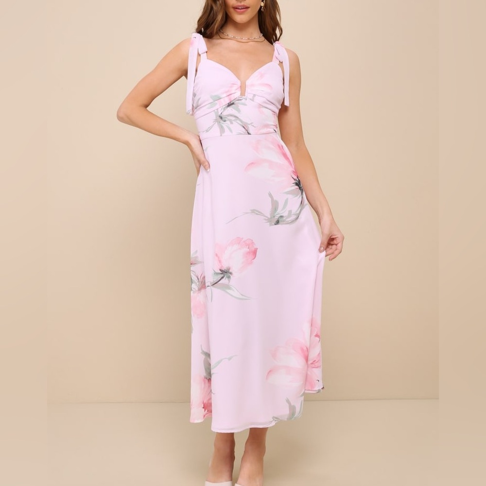 Lulus Simply Blissful Pink Floral Tie-Strap A-Line Midi Dress NWT